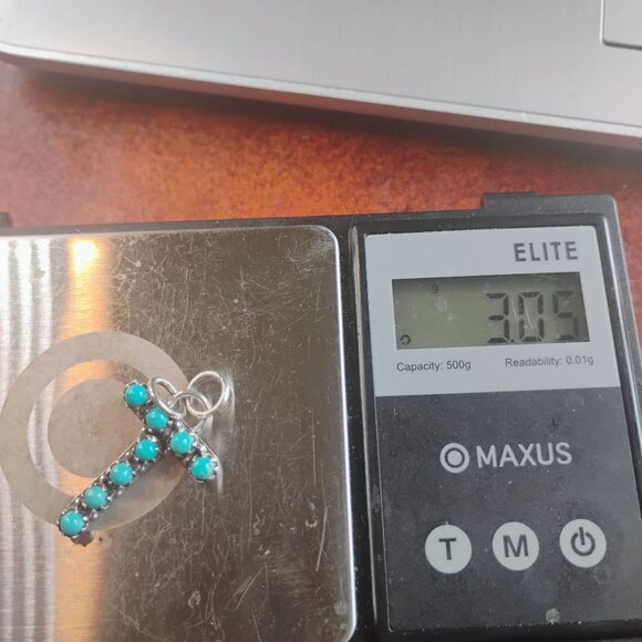 Initial Letter T Pendant Sterling Silver Snake Eye Turquoise Unisex Handmade - Picture 4 of 4